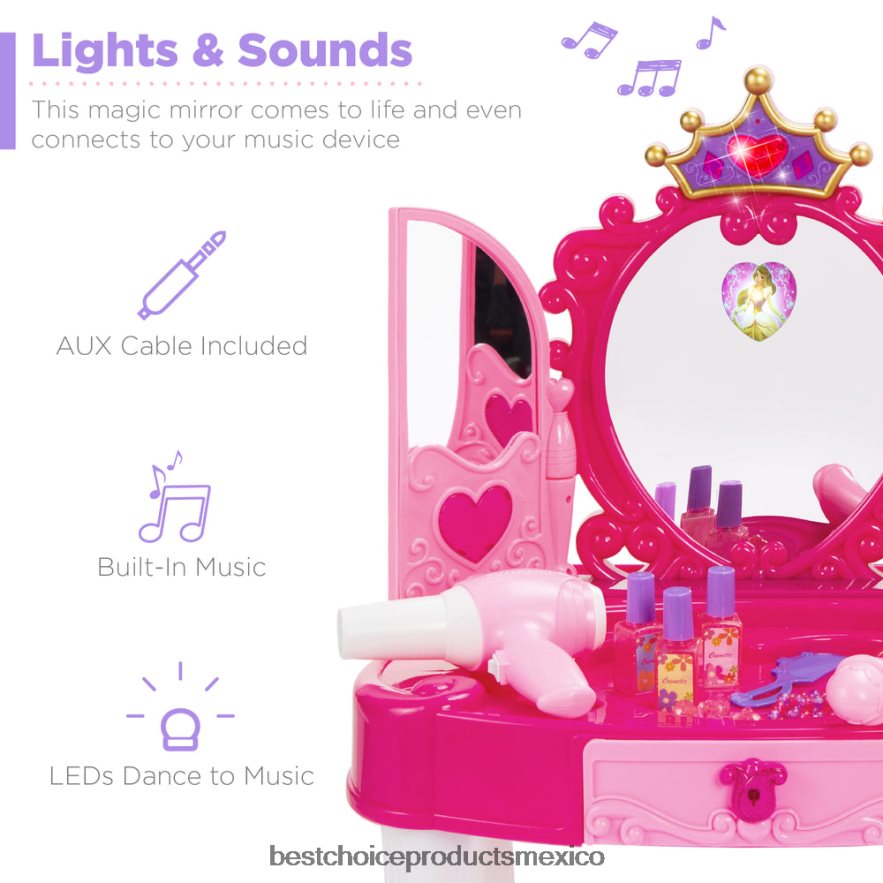 juguete y juego | Espejo de tocador Princess para niños con cable auxiliar, varita, secador de pelo y accesorios. Best Choice Products rosa X080FZ1031