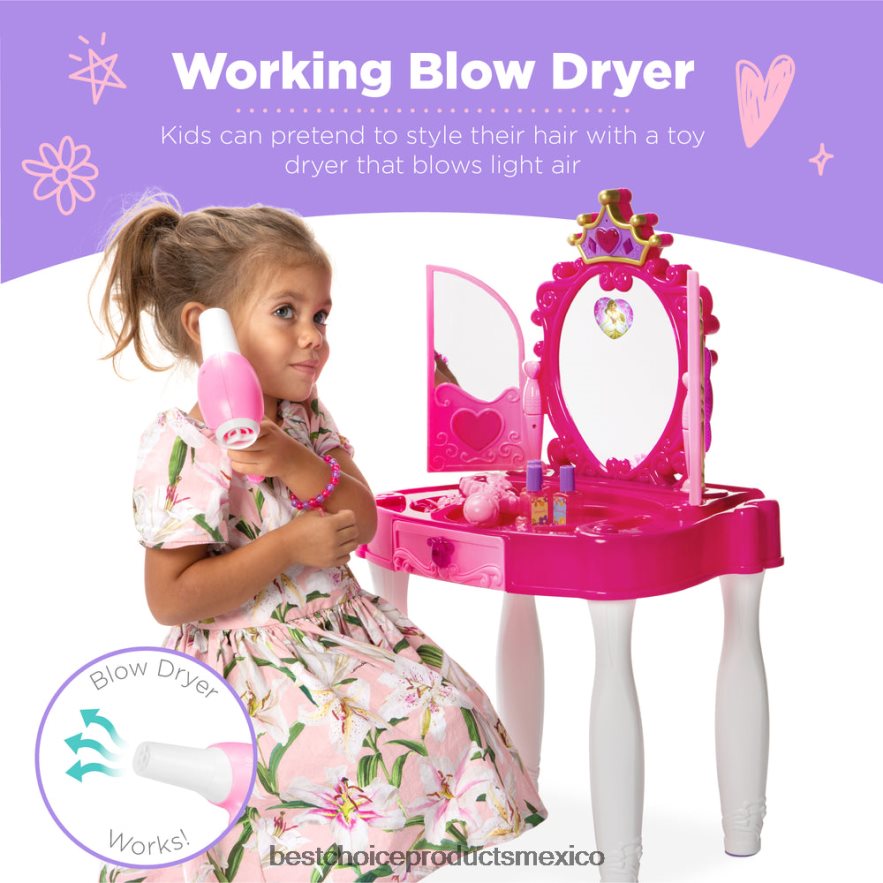 juguete y juego | Espejo de tocador Princess para niños con cable auxiliar, varita, secador de pelo y accesorios. Best Choice Products rosa X080FZ1031