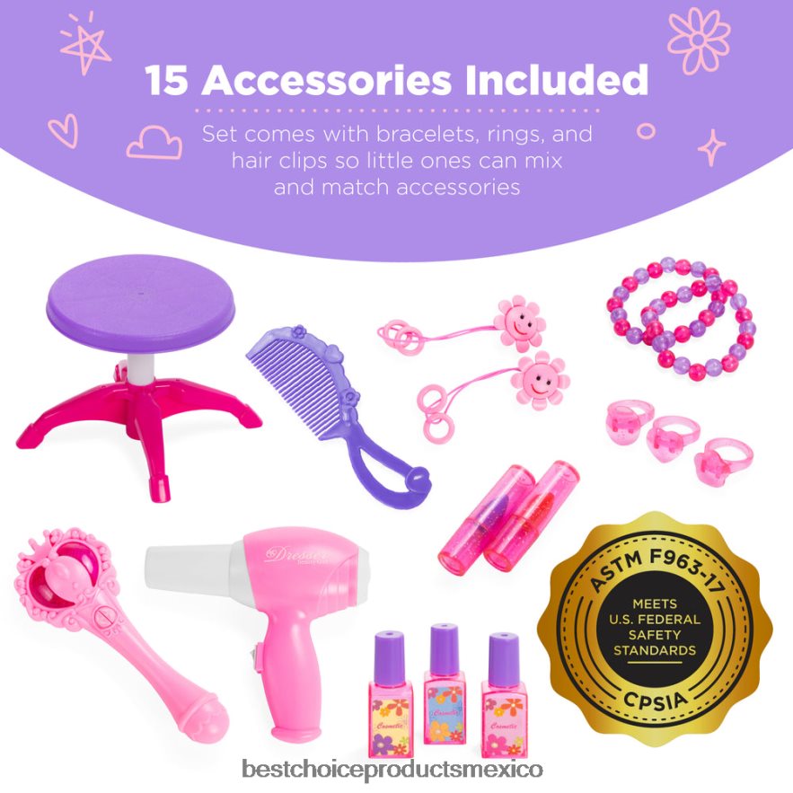 juguete y juego | Espejo de tocador Princess para niños con cable auxiliar, varita, secador de pelo y accesorios. Best Choice Products rosa X080FZ1031
