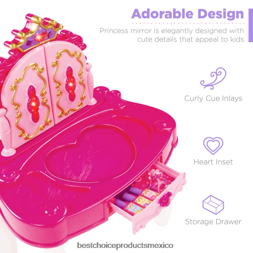 juguete y juego | Espejo de tocador Princess para niños con cable auxiliar, varita, secador de pelo y accesorios. Best Choice Products rosa X080FZ1031