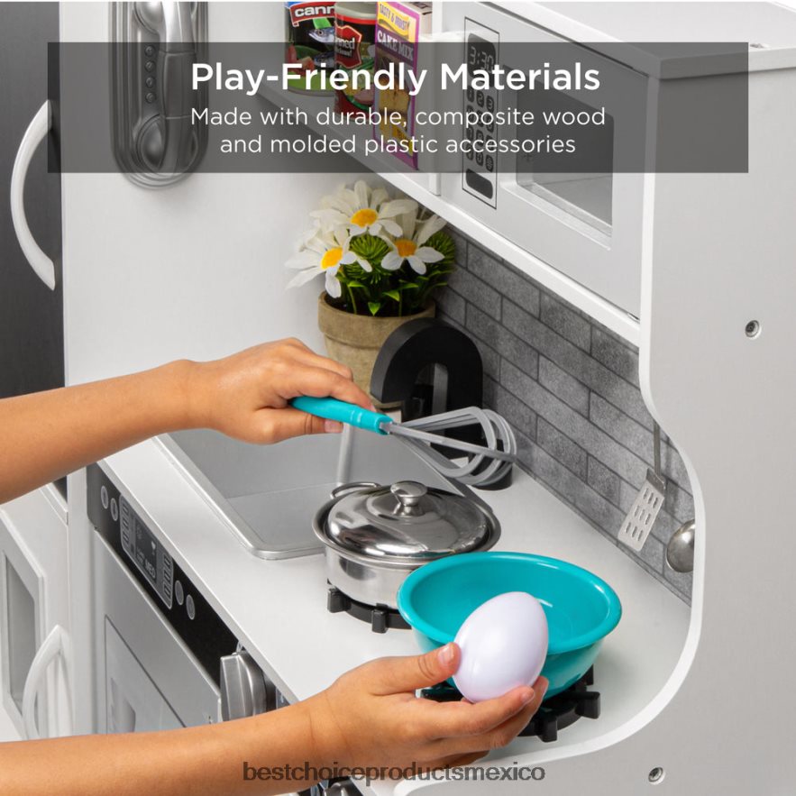 juguete y juego | Juego de cocina de juguete de madera para niños con 11 accesorios Best Choice Products blanco X080FZ290