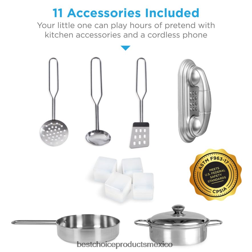 juguete y juego | Juego de cocina de juguete de madera para niños con 11 accesorios Best Choice Products blanco X080FZ290