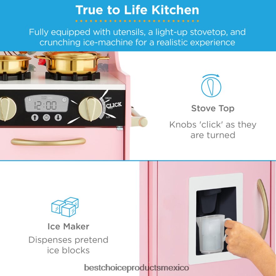juguete y juego | Juego de cocina de juguete de madera para niños con 11 accesorios Best Choice Products flores rosadas X080FZ295