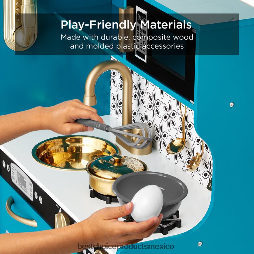 juguete y juego | Juego de cocina de juguete de madera para niños con 11 accesorios Best Choice Products verde azulado X080FZ293