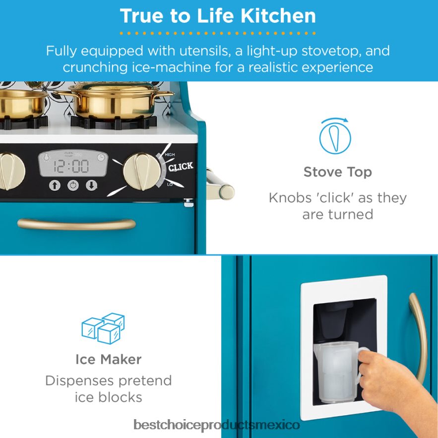 juguete y juego | Juego de cocina de juguete de madera para niños con 11 accesorios Best Choice Products verde azulado X080FZ293