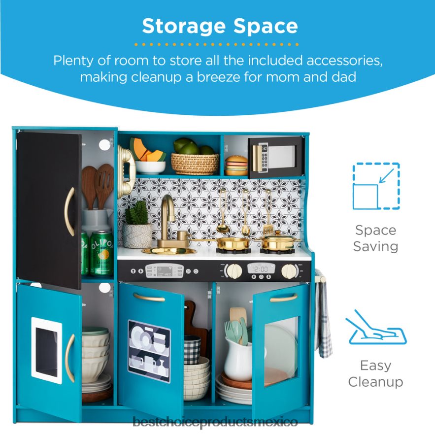 juguete y juego | Juego de cocina de juguete de madera para niños con 11 accesorios Best Choice Products verde azulado X080FZ293