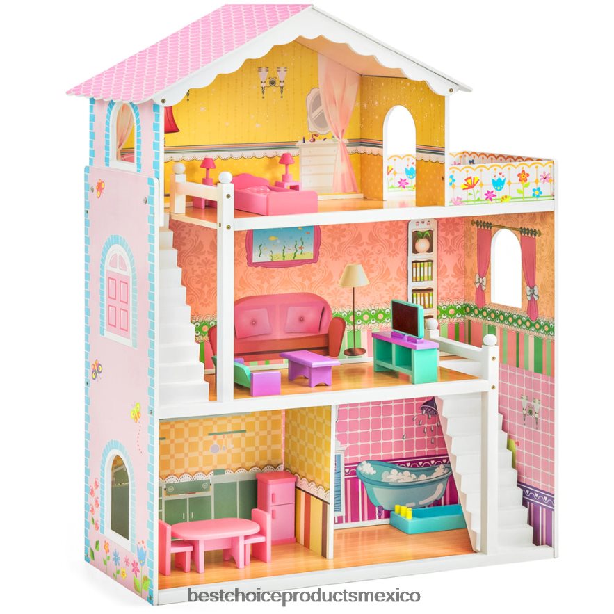 juguete y juego | Casa de muñecas de madera de 3 pisos, gran mansión abierta con 5 habitaciones, 17 accesorios Best Choice Products multicolor X080FZ528