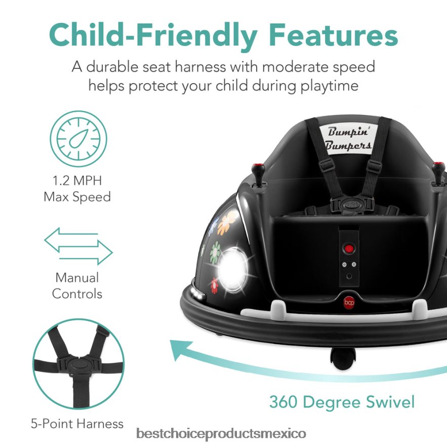 juguete y juego | Los niños de 6 V viajan en un auto de choque de juguete con control remoto, arnés, luces y giro de 360 ​​grados. Best Choice Products negro X080FZ507