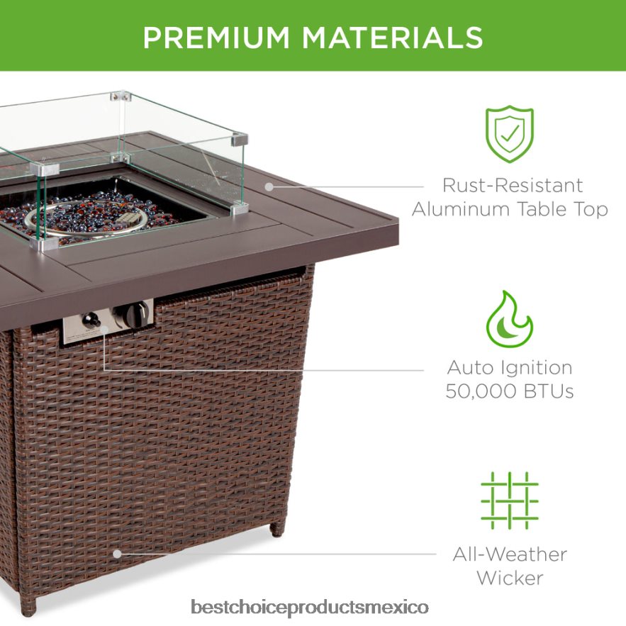 vida al aire libre | Mesa para fogón de 32 pulgadas, propano de mimbre de 50,000 BTU con protector contra el viento y cubierta Best Choice Products marrón X080FZ1383