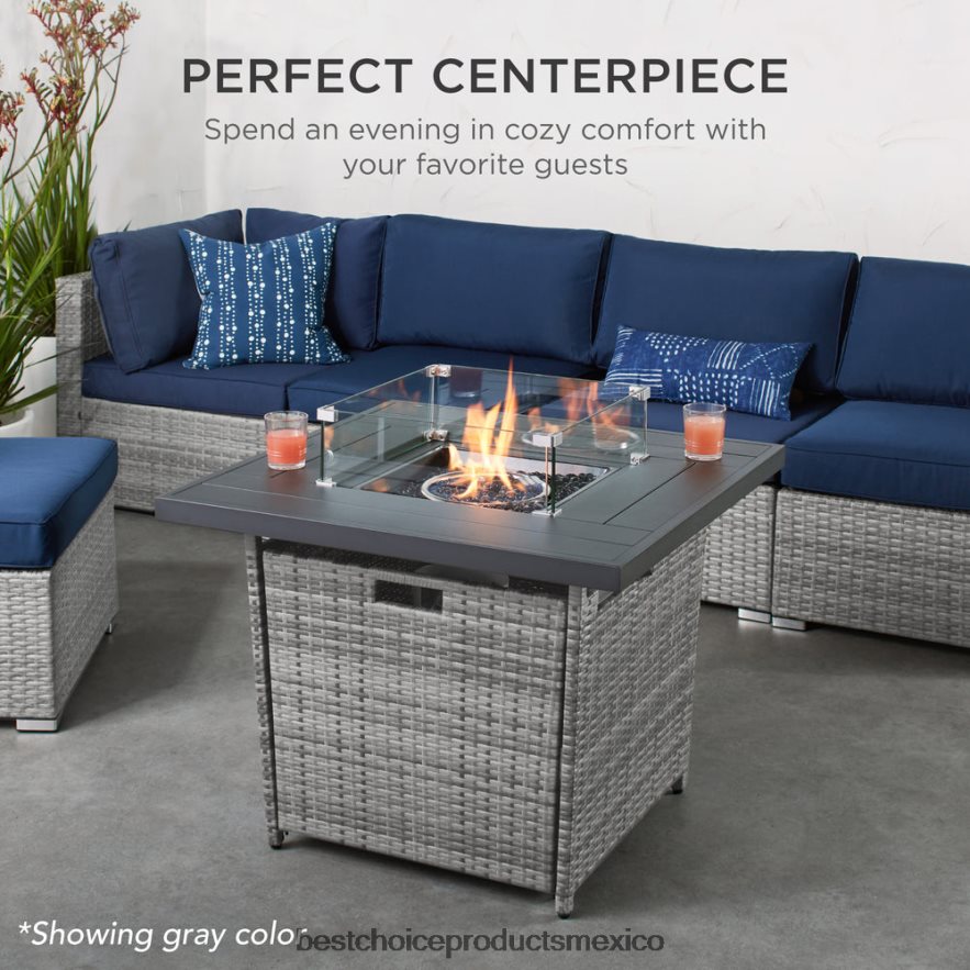 vida al aire libre | Mesa para fogón de 32 pulgadas, propano de mimbre de 50,000 BTU con protector contra el viento y cubierta Best Choice Products marrón X080FZ1383