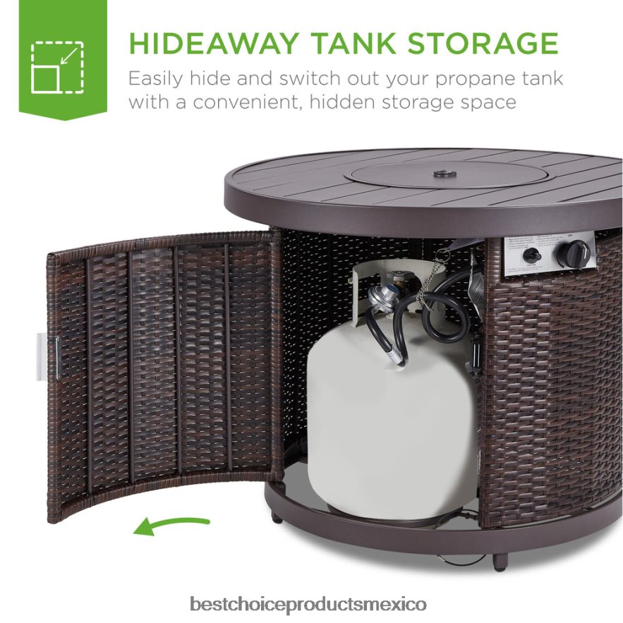 vida al aire libre | Mesa redonda para fogón, brasero de mimbre para exteriores de 50.000 BTU con cubierta Best Choice Products marrón X080FZ1365