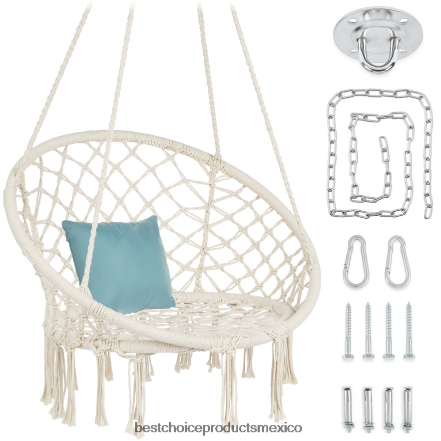 vida al aire libre | Columpio de silla colgante de hamaca de macramé de algodón, tejido a mano con respaldo Best Choice Products beige X080FZ1464