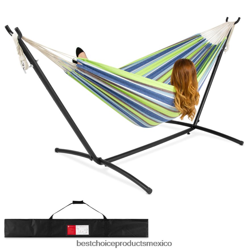 vida al aire libre | Hamaca doble estilo brasileño para 2 personas con bolsa de transporte y soporte de acero Best Choice Products raya verde azul X080FZ877