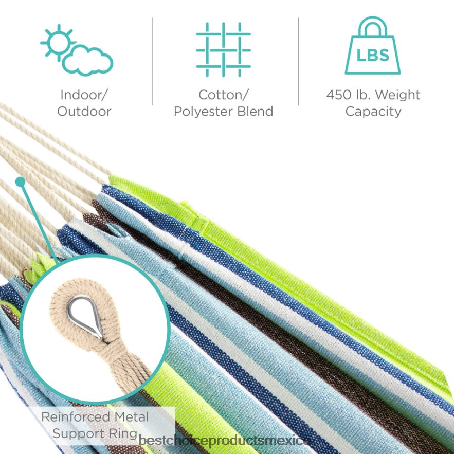 vida al aire libre | Hamaca doble estilo brasileño para 2 personas con bolsa de transporte y soporte de acero Best Choice Products raya verde azul X080FZ877