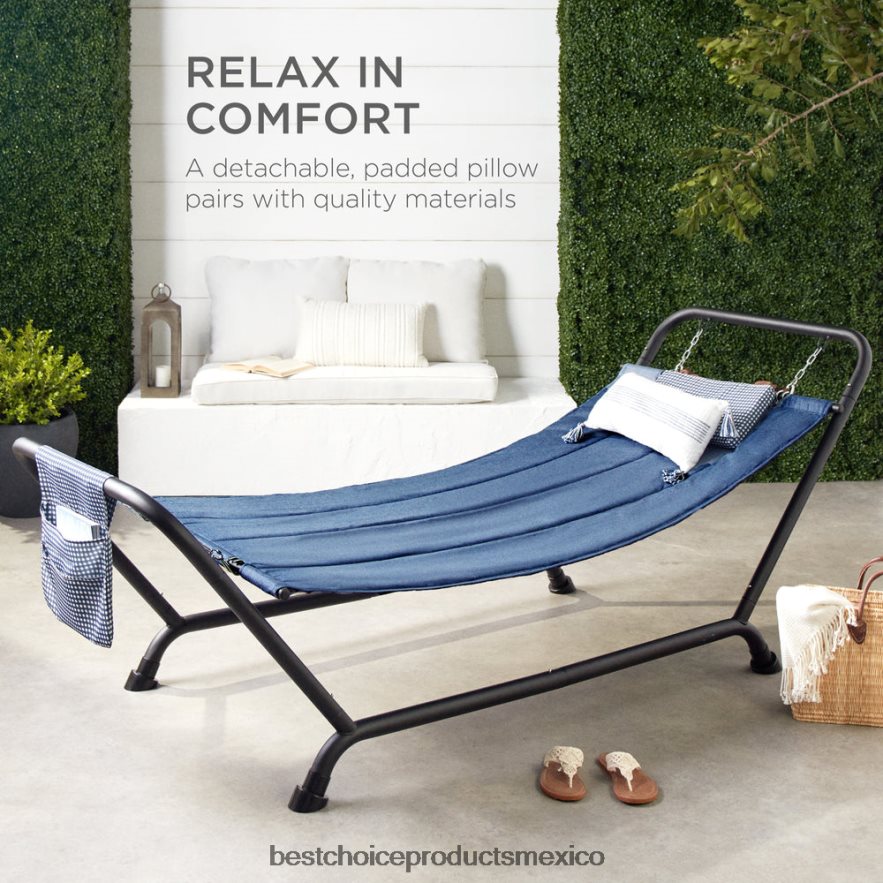 vida al aire libre | hamaca para patio exterior, jardín con soporte, almohada, bolsillos de almacenamiento Best Choice Products azul X080FZ924