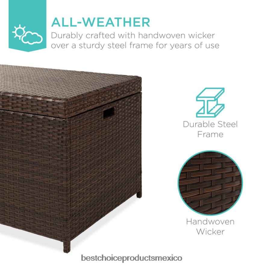 vida al aire libre | Caja de almacenamiento de mimbre para interior y exterior con estructura de acero, tapa elevable Best Choice Products marrón X080FZ1458