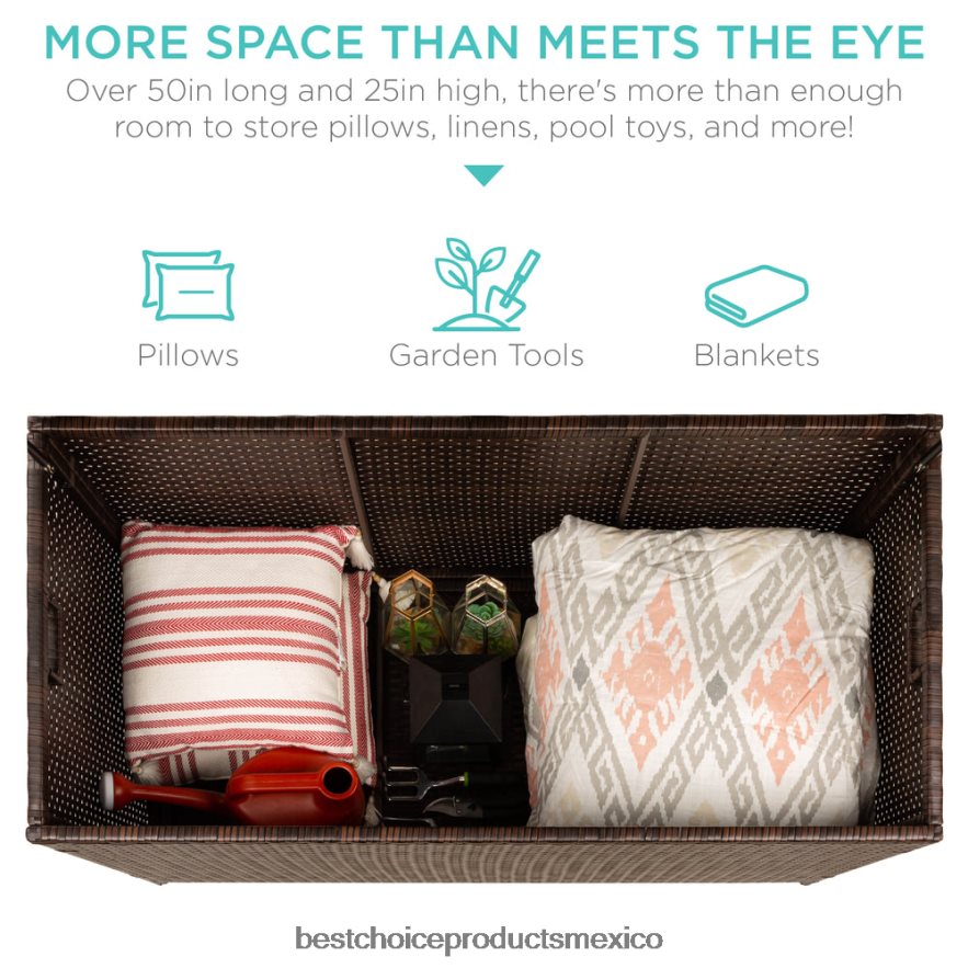 vida al aire libre | Caja de almacenamiento de mimbre para interior y exterior con estructura de acero, tapa elevable Best Choice Products marrón X080FZ1458