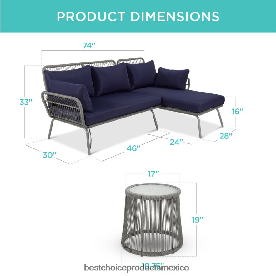 vida al aire libre | Conjunto de sofá seccional tejido con cuerda en forma de L con tumbona desmontable y mesa Best Choice Products gris/azul marino X080FZ404