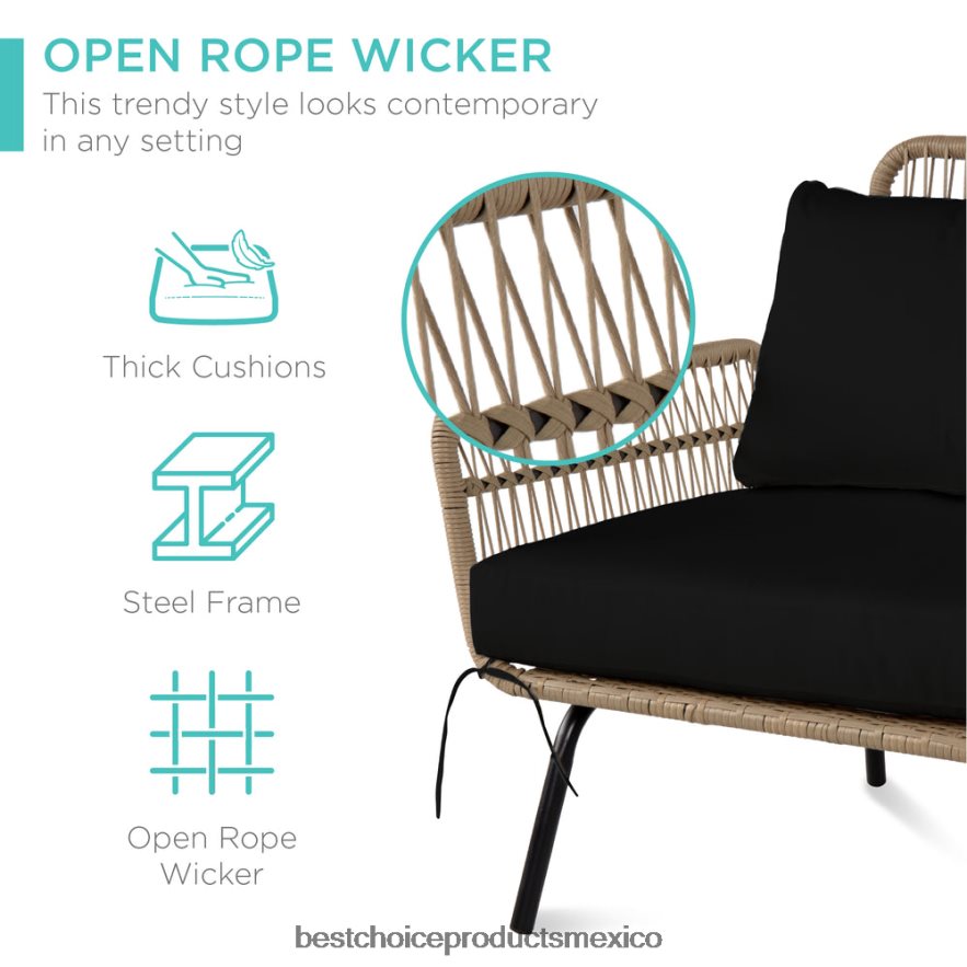 vida al aire libre | Conjunto de sofá seccional tejido con cuerda en forma de L con tumbona desmontable y mesa Best Choice Products natural/negro X080FZ405