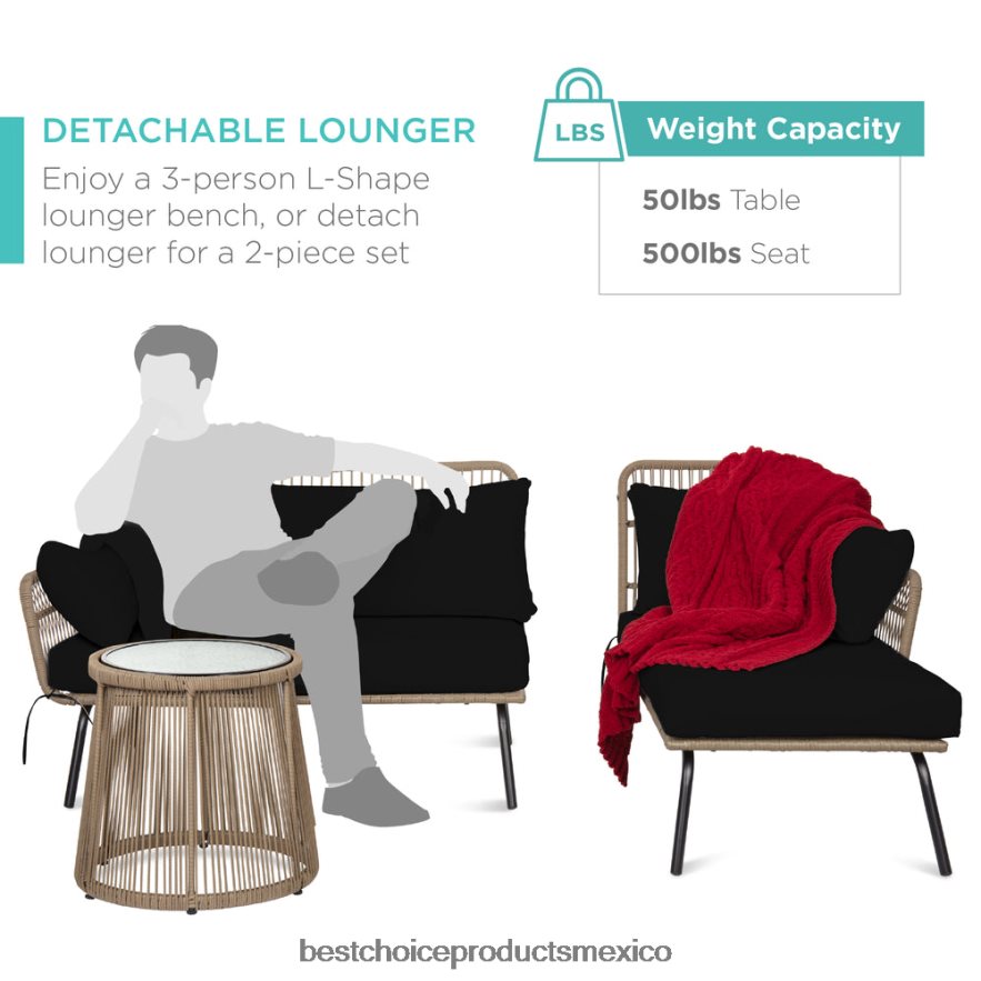 vida al aire libre | Conjunto de sofá seccional tejido con cuerda en forma de L con tumbona desmontable y mesa Best Choice Products natural/negro X080FZ405