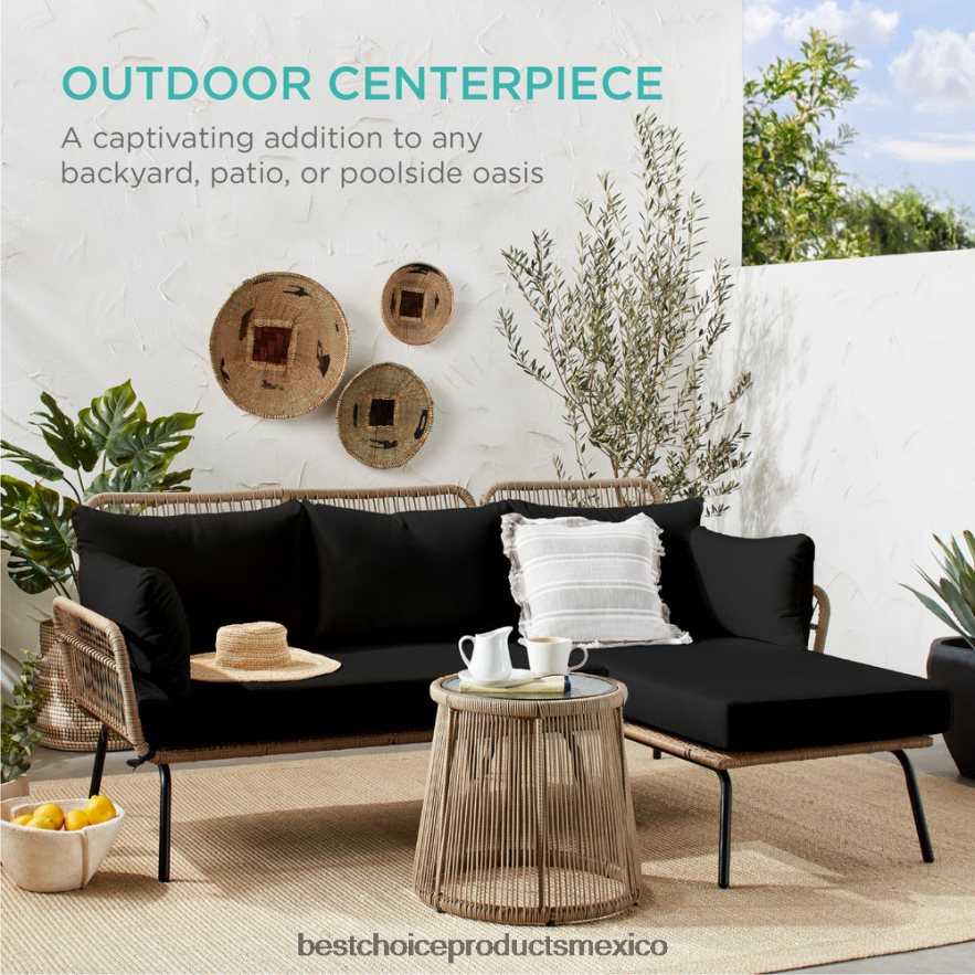 vida al aire libre | Conjunto de sofá seccional tejido con cuerda en forma de L con tumbona desmontable y mesa Best Choice Products natural/negro X080FZ405