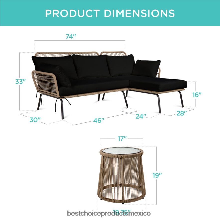 vida al aire libre | Conjunto de sofá seccional tejido con cuerda en forma de L con tumbona desmontable y mesa Best Choice Products natural/negro X080FZ405