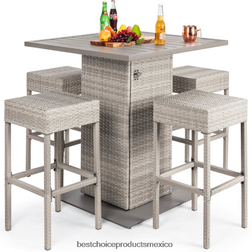 vida al aire libre | Juego de barra de mimbre de 5 piezas con 4 taburetes, abridor de botellas incorporado y almacenamiento oculto Best Choice Products gris X080FZ1415