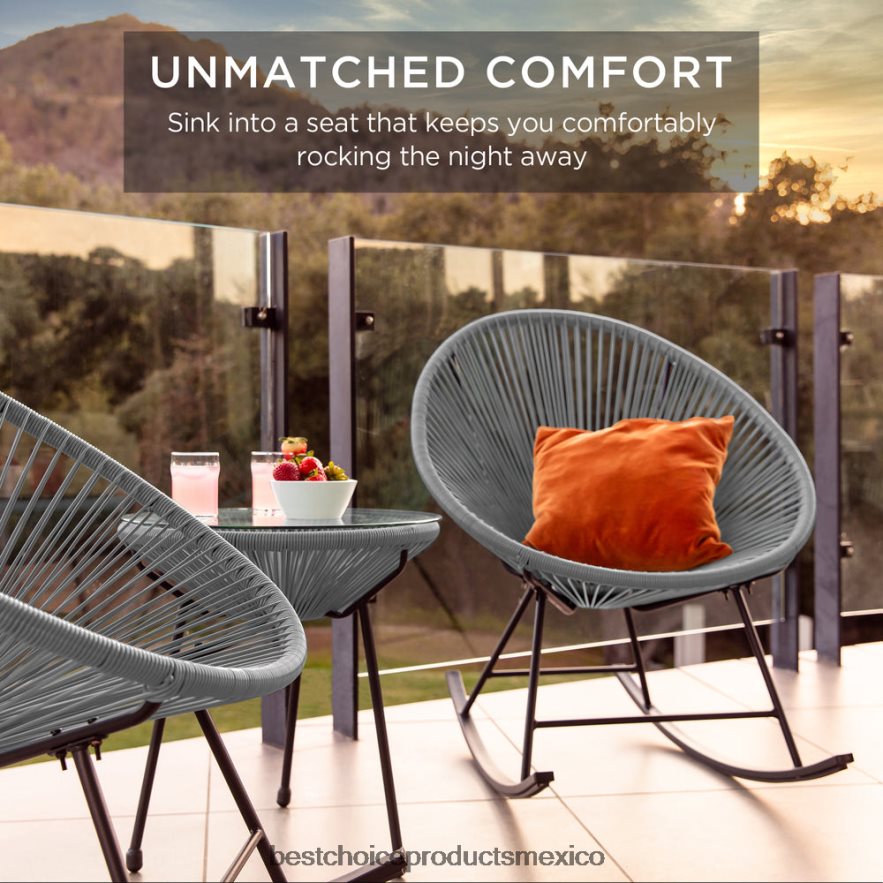 vida al aire libre | Juego de bistró con mecedora Acapulco de cuerda tejida para patio de 3 piezas Best Choice Products gris X080FZ1417