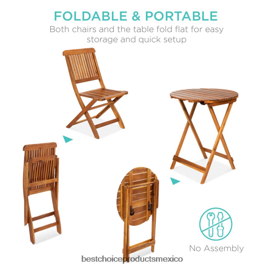 vida al aire libre | Juego de bistró de madera de acacia de 3 piezas con mesa plegable y 2 sillas. Best Choice Products marrón X080FZ421