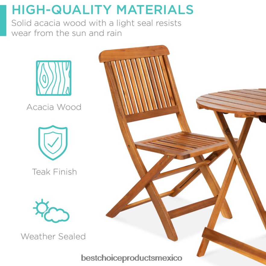 vida al aire libre | Juego de bistró de madera de acacia de 3 piezas con mesa plegable y 2 sillas. Best Choice Products marrón X080FZ421