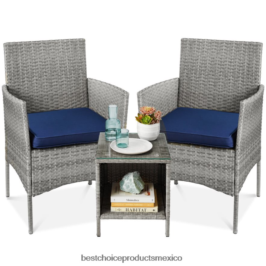 vida al aire libre | Juego de bistró de mimbre para patio exterior de 3 piezas con mesa lateral de almacenamiento Best Choice Products gris/azul marino X080FZ1311