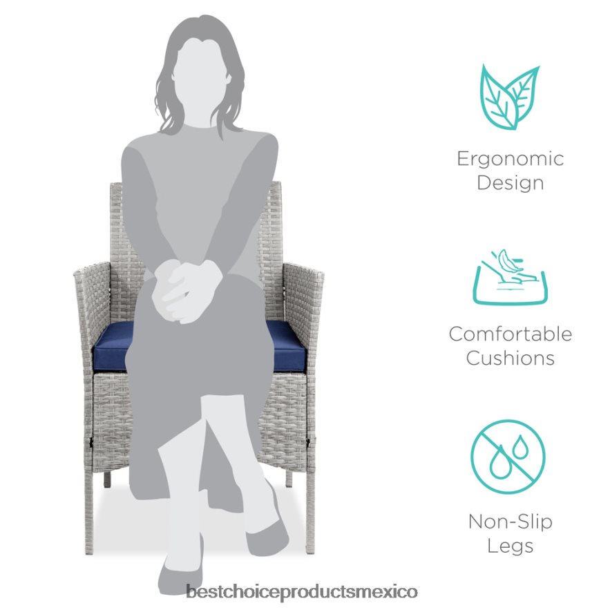 vida al aire libre | Juego de bistró de mimbre para patio exterior de 3 piezas con mesa lateral de almacenamiento Best Choice Products gris/azul marino X080FZ1311