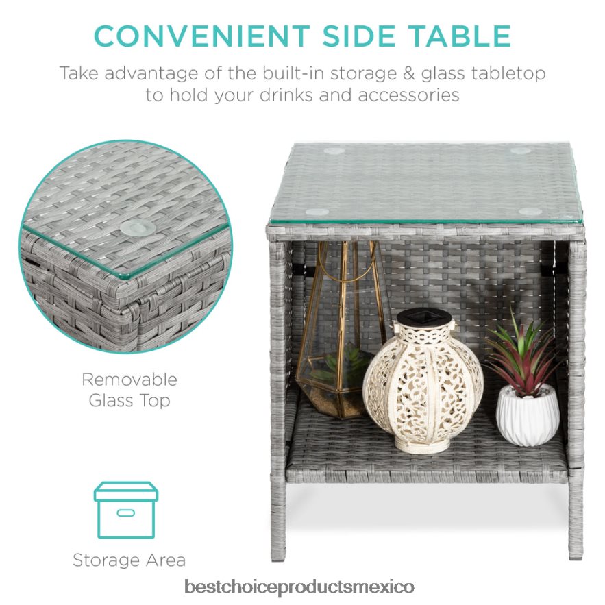 vida al aire libre | Juego de bistró de mimbre para patio exterior de 3 piezas con mesa lateral de almacenamiento Best Choice Products gris/azul marino X080FZ1311