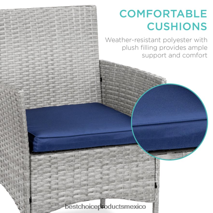 vida al aire libre | Juego de bistró de mimbre para patio exterior de 3 piezas con mesa lateral de almacenamiento Best Choice Products gris/azul marino X080FZ1311