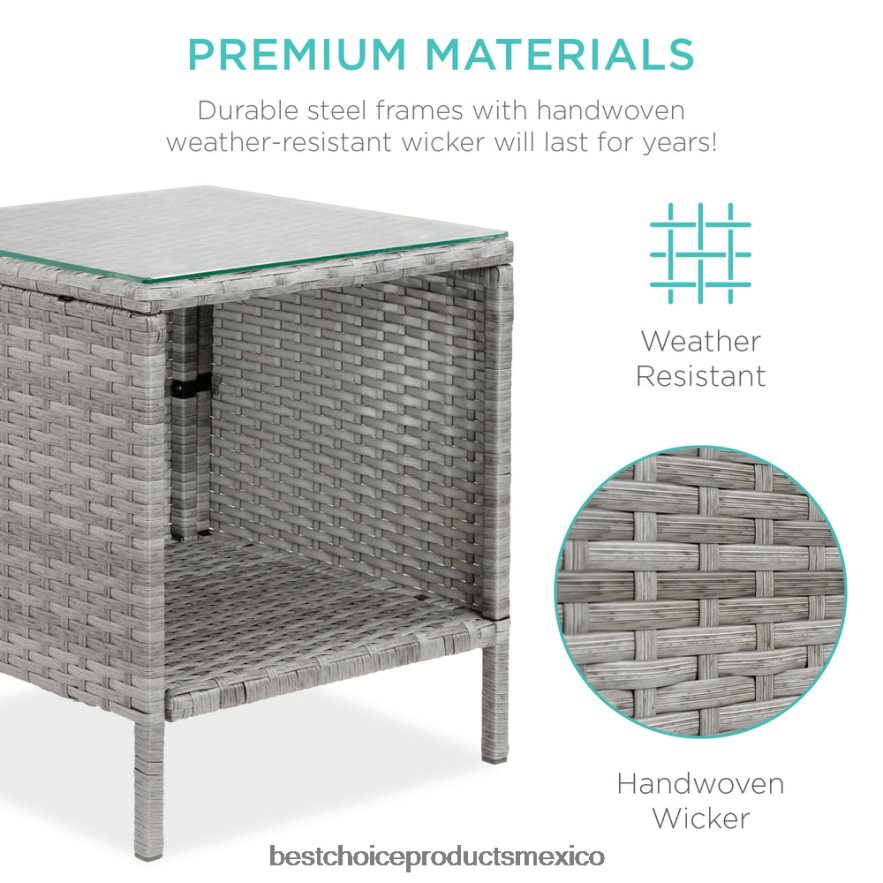 vida al aire libre | Juego de bistró de mimbre para patio exterior de 3 piezas con mesa lateral de almacenamiento Best Choice Products gris/azul marino X080FZ1311