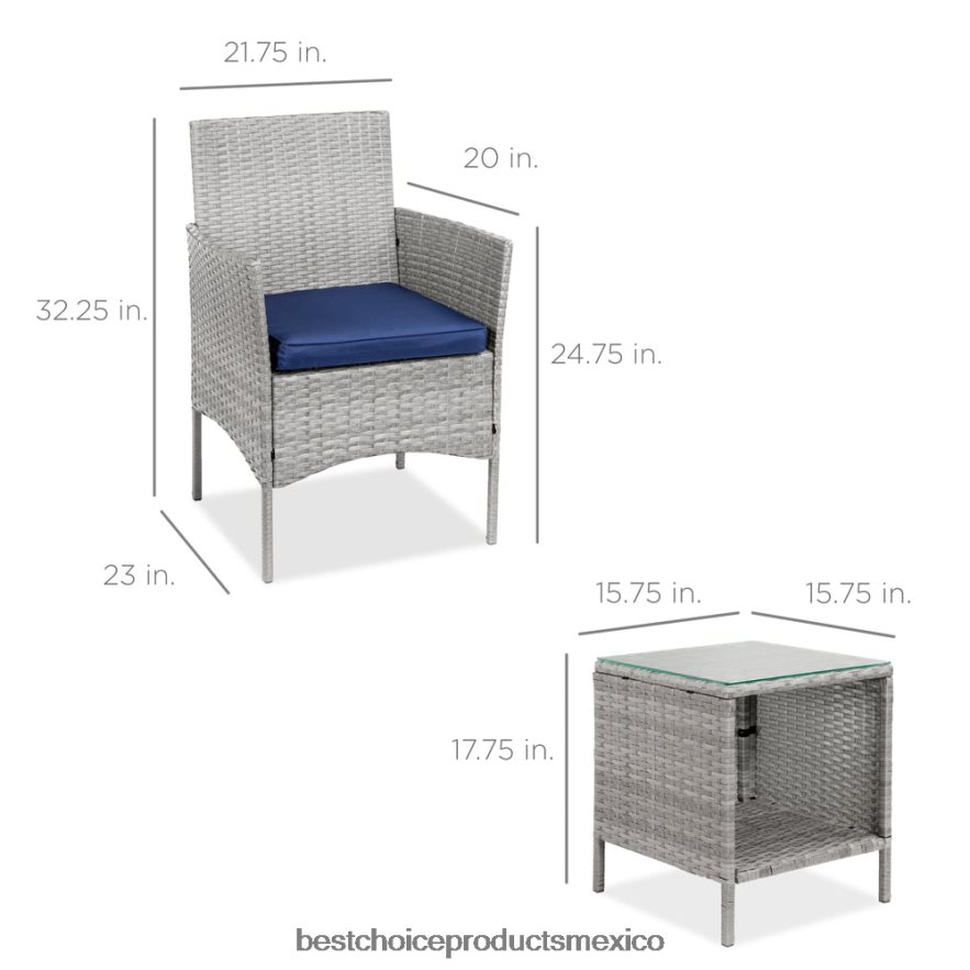 vida al aire libre | Juego de bistró de mimbre para patio exterior de 3 piezas con mesa lateral de almacenamiento Best Choice Products gris/azul marino X080FZ1311