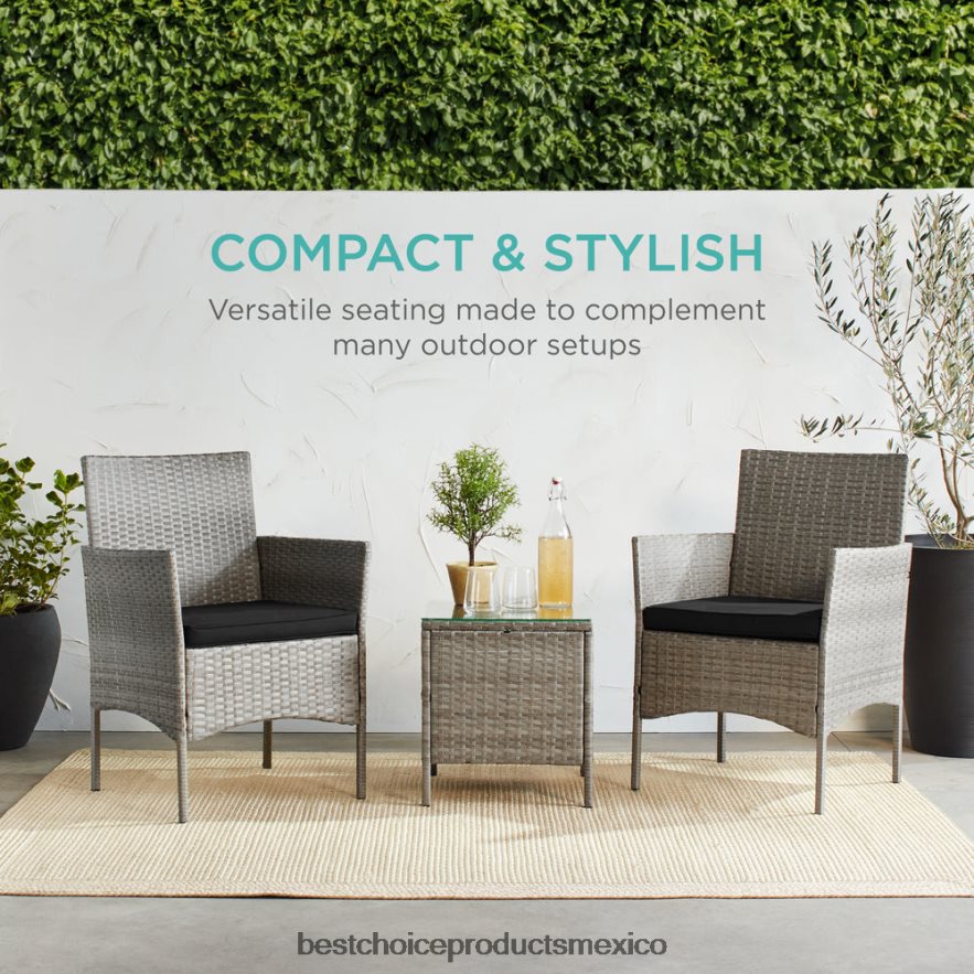 vida al aire libre | Juego de bistró de mimbre para patio exterior de 3 piezas con mesa lateral de almacenamiento Best Choice Products gris negro X080FZ1314