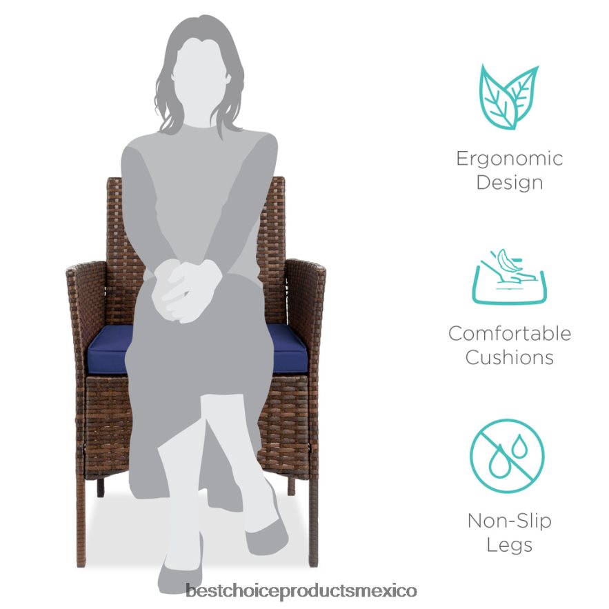 vida al aire libre | Juego de bistró de mimbre para patio exterior de 3 piezas con mesa lateral de almacenamiento Best Choice Products marrón/azul marino X080FZ1313