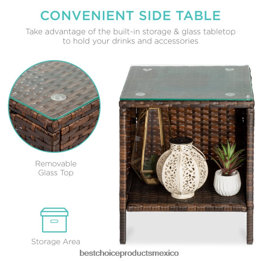 vida al aire libre | Juego de bistró de mimbre para patio exterior de 3 piezas con mesa lateral de almacenamiento Best Choice Products marrón/azul marino X080FZ1313