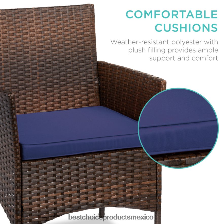 vida al aire libre | Juego de bistró de mimbre para patio exterior de 3 piezas con mesa lateral de almacenamiento Best Choice Products marrón/azul marino X080FZ1313