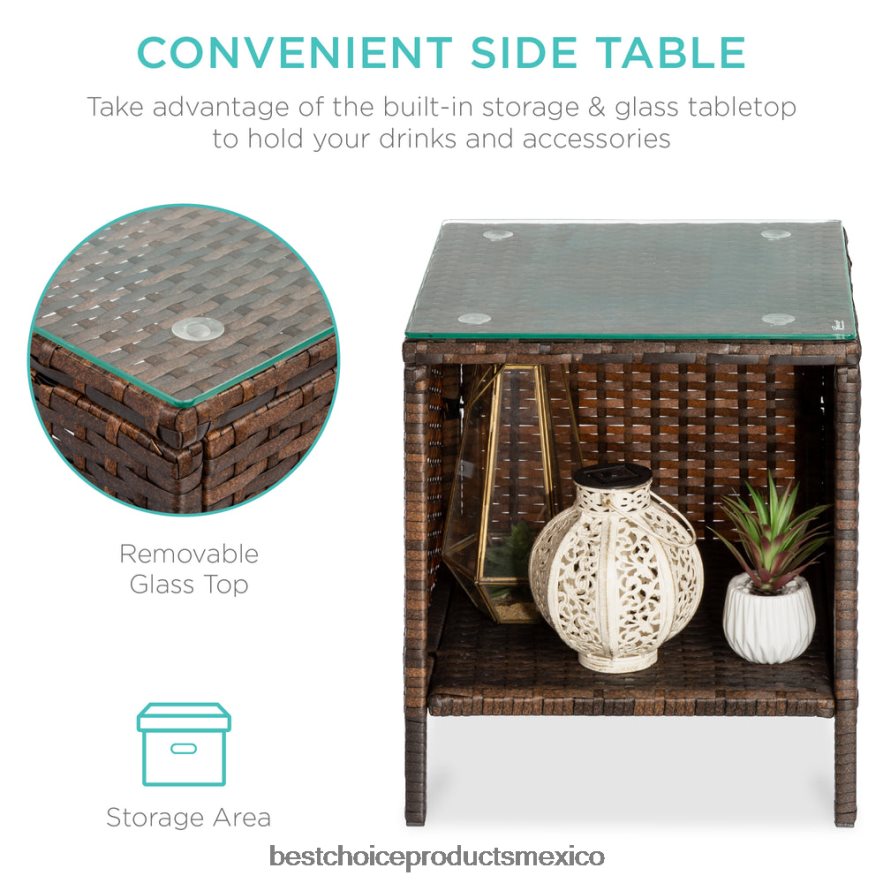 vida al aire libre | Juego de bistró de mimbre para patio exterior de 3 piezas con mesa lateral de almacenamiento Best Choice Products rojo marrón X080FZ1312