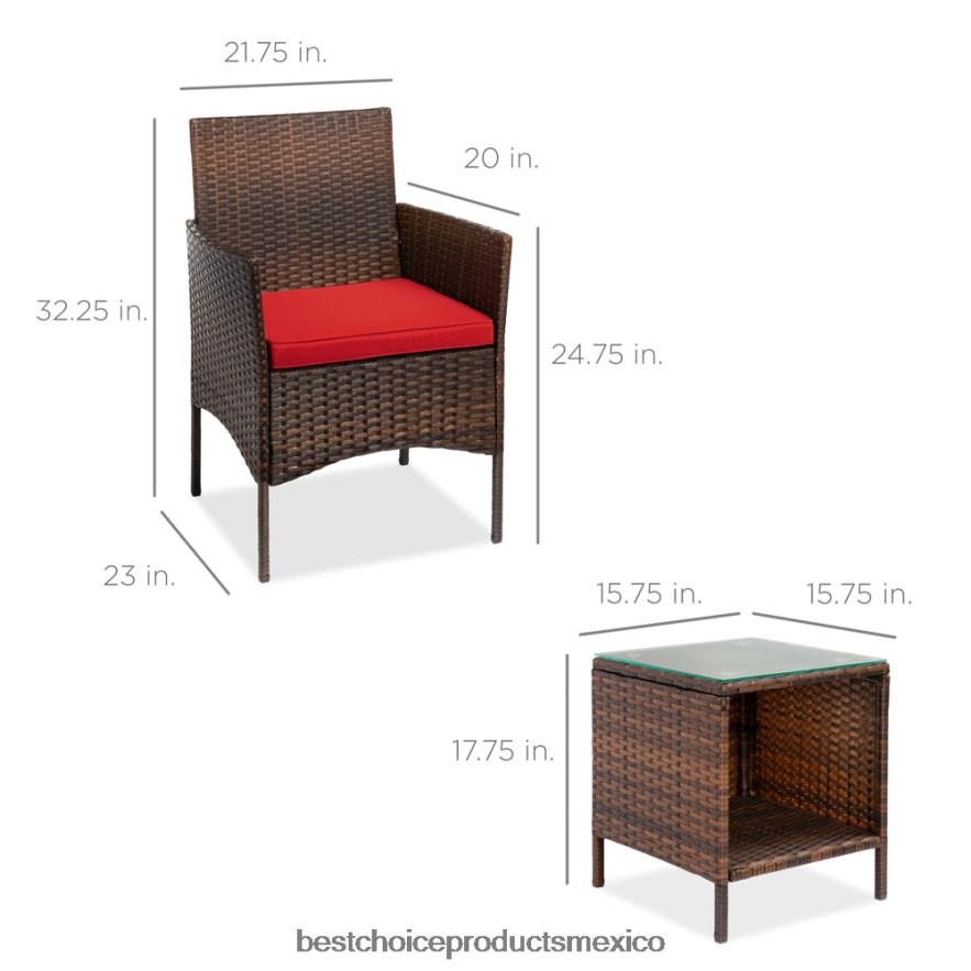 vida al aire libre | Juego de bistró de mimbre para patio exterior de 3 piezas con mesa lateral de almacenamiento Best Choice Products rojo marrón X080FZ1312