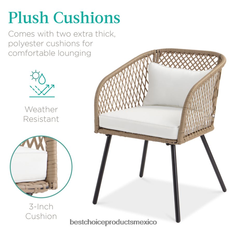 vida al aire libre | Juego de bistró de mimbre tejido en forma de diamante para exteriores de 3 piezas con mesa auxiliar de vidrio templado Best Choice Products Marfil X080FZ1446