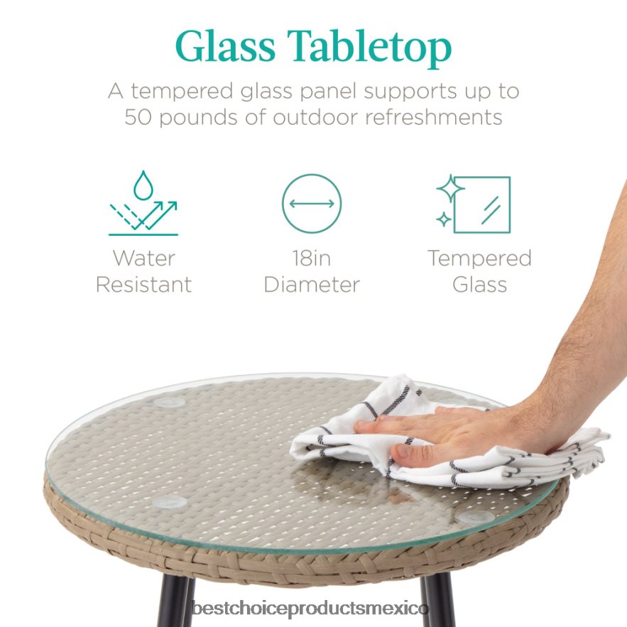 vida al aire libre | Juego de bistró de mimbre tejido en forma de diamante para exteriores de 3 piezas con mesa auxiliar de vidrio templado Best Choice Products Marfil X080FZ1446