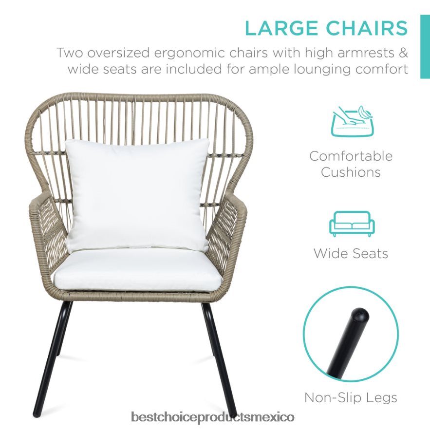 vida al aire libre | Juego de bistro de conversación de mimbre para patio de 3 piezas con 2 sillas y mesa con tapa de vidrio Best Choice Products broncearse X080FZ1349