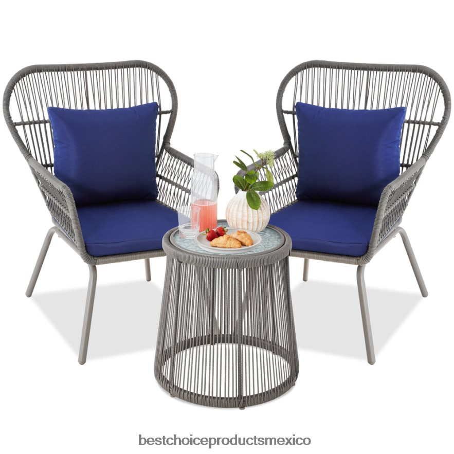 vida al aire libre | Juego de bistro de conversación de mimbre para patio de 3 piezas con 2 sillas y mesa con tapa de vidrio Best Choice Products gris/azul marino X080FZ1351