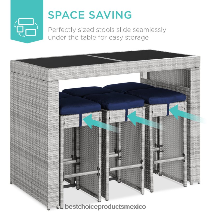 vida al aire libre | Juego de comedor de patio con barra de mimbre de 7 piezas con mesa de vidrio y 6 taburetes Best Choice Products Armada X080FZ1393