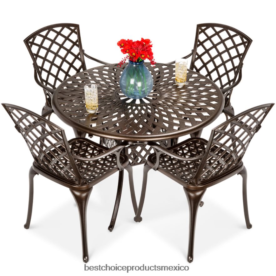 vida al aire libre | Juego de comedor de patio de aluminio fundido para todo clima de 5 piezas con 4 sillas Best Choice Products marrón X080FZ413