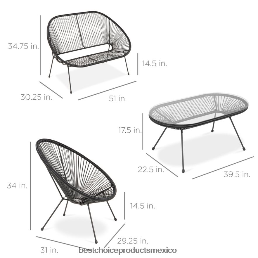 vida al aire libre | Juego de conversación Acapulco de 4 piezas para todo clima con mesa y sofá de dos plazas Best Choice Products negro X080FZ914