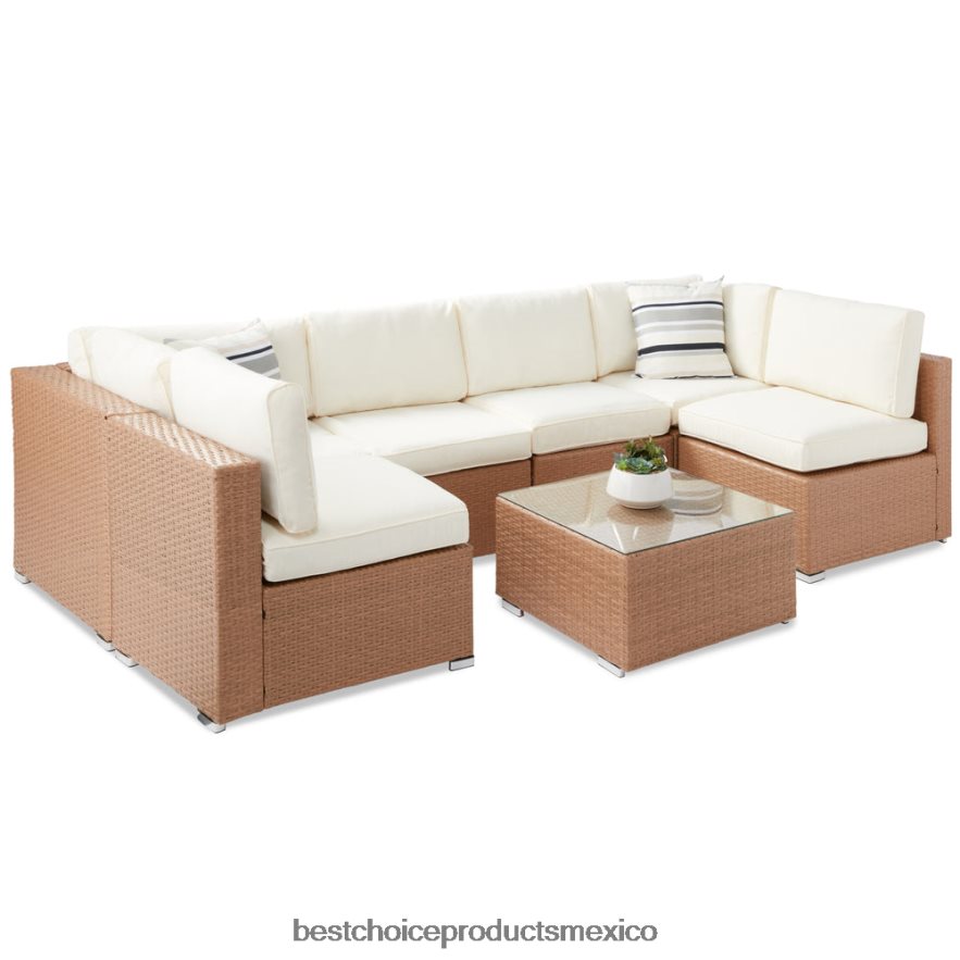 vida al aire libre | Juego de conversación seccional modular de mimbre de 7 piezas con 2 almohadas y funda Best Choice Products natural/marfil X080FZ1310